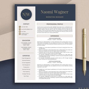May include: A professional resume template with a navy blue and white color scheme. The resume includes sections for contact information, education, expertise, and professional profile. A gold pen rests on the right side of the resume.