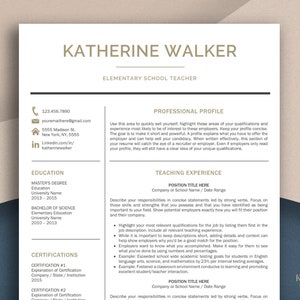 Teacher Resume Template for Word, Resume Teacher, CV Teacher, Elementary Resume, Teaching Resume