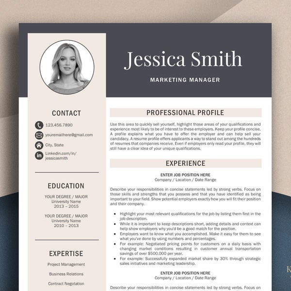 Modern Resume Template with Photo, Professional Resume Template for Word and Apple Pages with Matching Cover Letter, CV Template