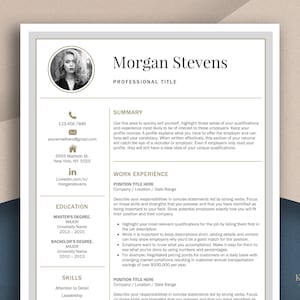 May include: A modern resume template with a professional headshot, contact information, education, skills, work experience, and a summary section. The template is designed to help job seekers present their qualifications and experience in a clear and concise manner.