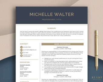 Pode incluir: Um modelo de currículo em preto e dourado com o nome Michelle Walter no topo. O currículo inclui seções para informações de contato, educação, experiência profissional e especialização. O modelo tem um design moderno e profissional.