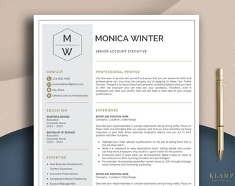 Professional and Modern Resume Template for Word and Pages, Creative Resume Design, CV Template with Cover Letter, Monogram Resume Template
