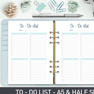 May include: A printable to-do list planner in A5 and half size. The planner has two pages with a blue header that says "To-Do List" and a space for the date. Each page has a grid of checkboxes and lines for writing tasks.