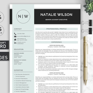 May include: A light blue and gray resume template with the text "NIW" in black at the top. The resume is for Natalie Wilson, Senior Account Executive. The resume includes contact information, education, expertise, and experience.