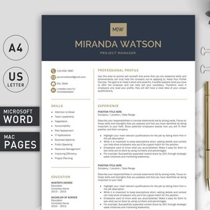 May include: A black and gold resume template with the name Miranda Watson and the title Project Manager. The resume includes sections for professional profile, skills, experience, and education.