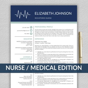 May include: A blue and white resume template for a registered nurse. The resume includes a professional profile, education, experience, licenses and certifications, and a nurse/medical edition section. The resume is designed to be used for job applications.