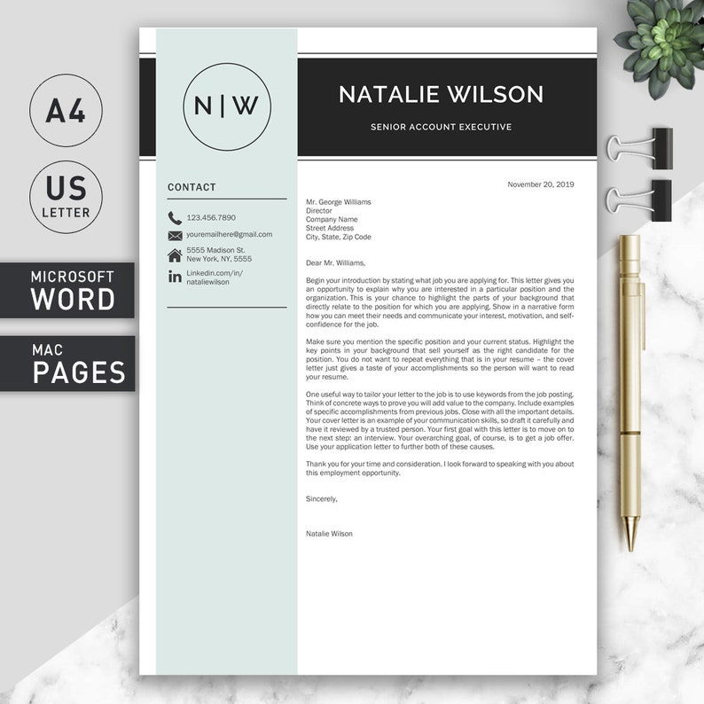 May include: A black and white cover letter template with a light blue background. The template includes a contact section with a phone number, email address, and LinkedIn profile link. The letter is addressed to Mr. George Williams, Director. The letter includes a section on how to write a cover letter, with tips on tailoring the letter to the job and highlighting key accomplishments.