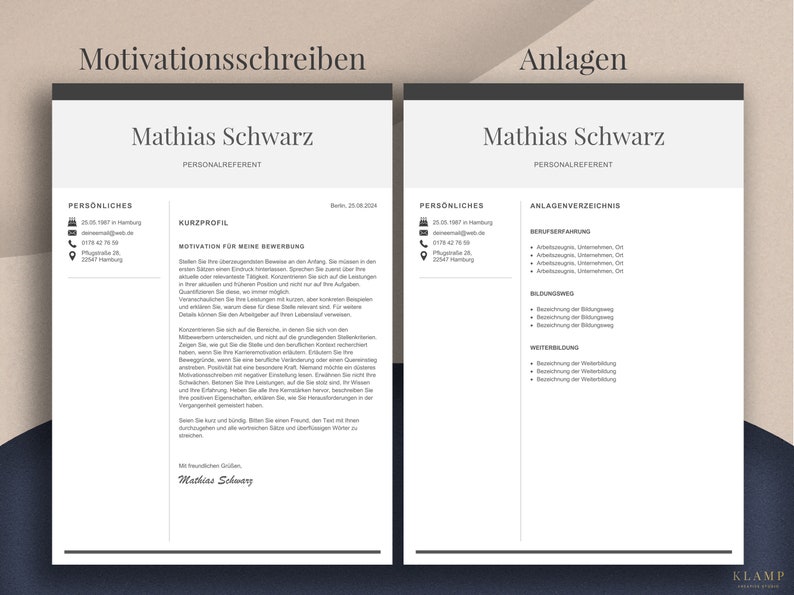 May include: A black and white resume template featuring the name Mathias Schwarz and the title Personalreferent. The document includes sections for personal details, a short profile, and a list of attachments. The text is in German.