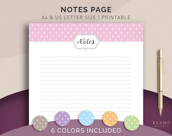 May include: Printable note paper with a pink polka dot pattern and the word "Notes" in a decorative frame. Six color options are shown at the bottom of the page: gray, purple, blue, orange, and green.