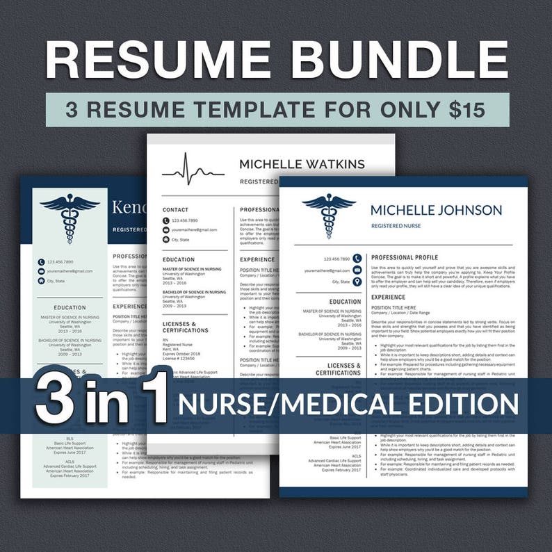 May include: A bundle of three resume templates designed for nurses and medical professionals. The templates feature a blue and white color scheme with a medical symbol and the text "3 in 1 Nurse/Medical Edition".