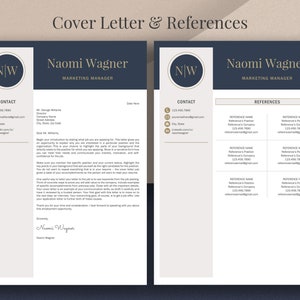 May include: A professional resume template with a navy blue and beige color scheme. The design includes a cover letter and references page. The name "Naomi Wagner" and the title "Marketing Manager" are prominently displayed. Contact information is listed on the left.