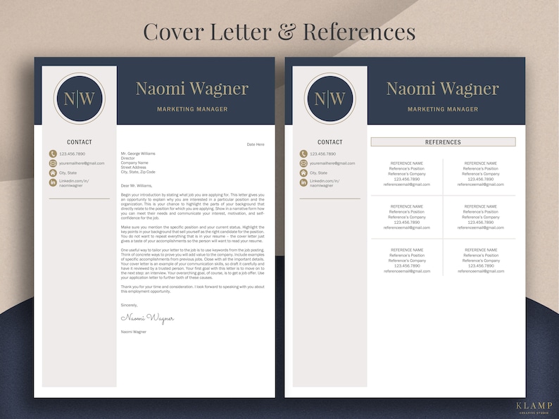 May include: A professional resume template with a navy blue and beige color scheme. The design includes a cover letter and references page. The name "Naomi Wagner" and the title "Marketing Manager" are prominently displayed. Contact information is listed on the left.