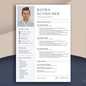 May include: A professional resume template with a photo of a man, the name Bjorn Schreiber, and sections for experience, skills, and education. A gold pen rests on a navy blue and beige background.