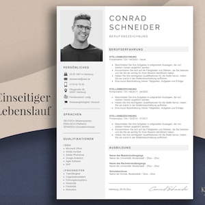 May include: A professional resume template with a headshot of a man wearing glasses. The resume includes sections for personal details, languages, qualifications, and work experience. A gold pen rests on the right side of the page.