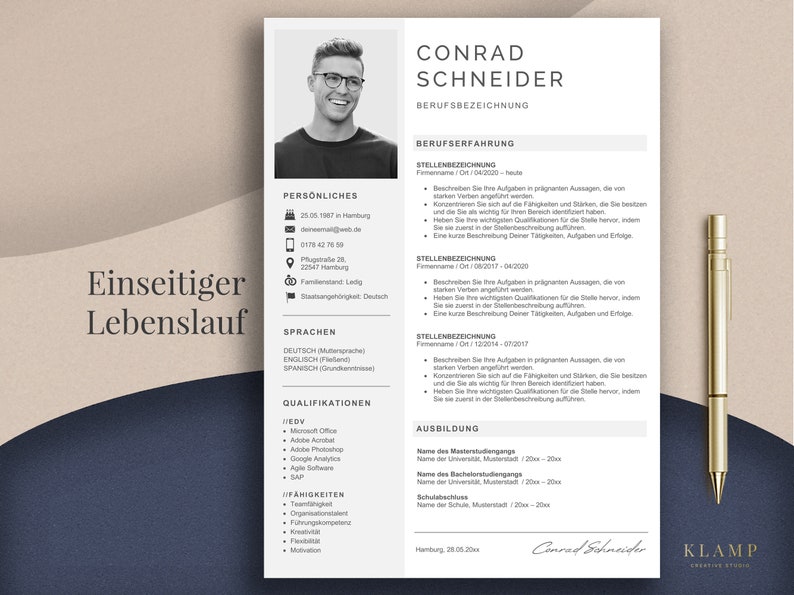May include: A professional resume template with a headshot of a man wearing glasses. The resume includes sections for personal details, languages, qualifications, and work experience. A gold pen rests on the right side of the page.