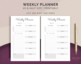A5 Weekly Planner Printable, Weekly Planner Inserts, Weekly Organizer, Half Size Weekly Planner, Week Planner Page, Weekly To Do List