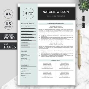 May include: A black and white resume template with the name Natalie Wilson and the title Senior Account Executive. The resume includes sections for technical skills, awards, interests, experience, and references.