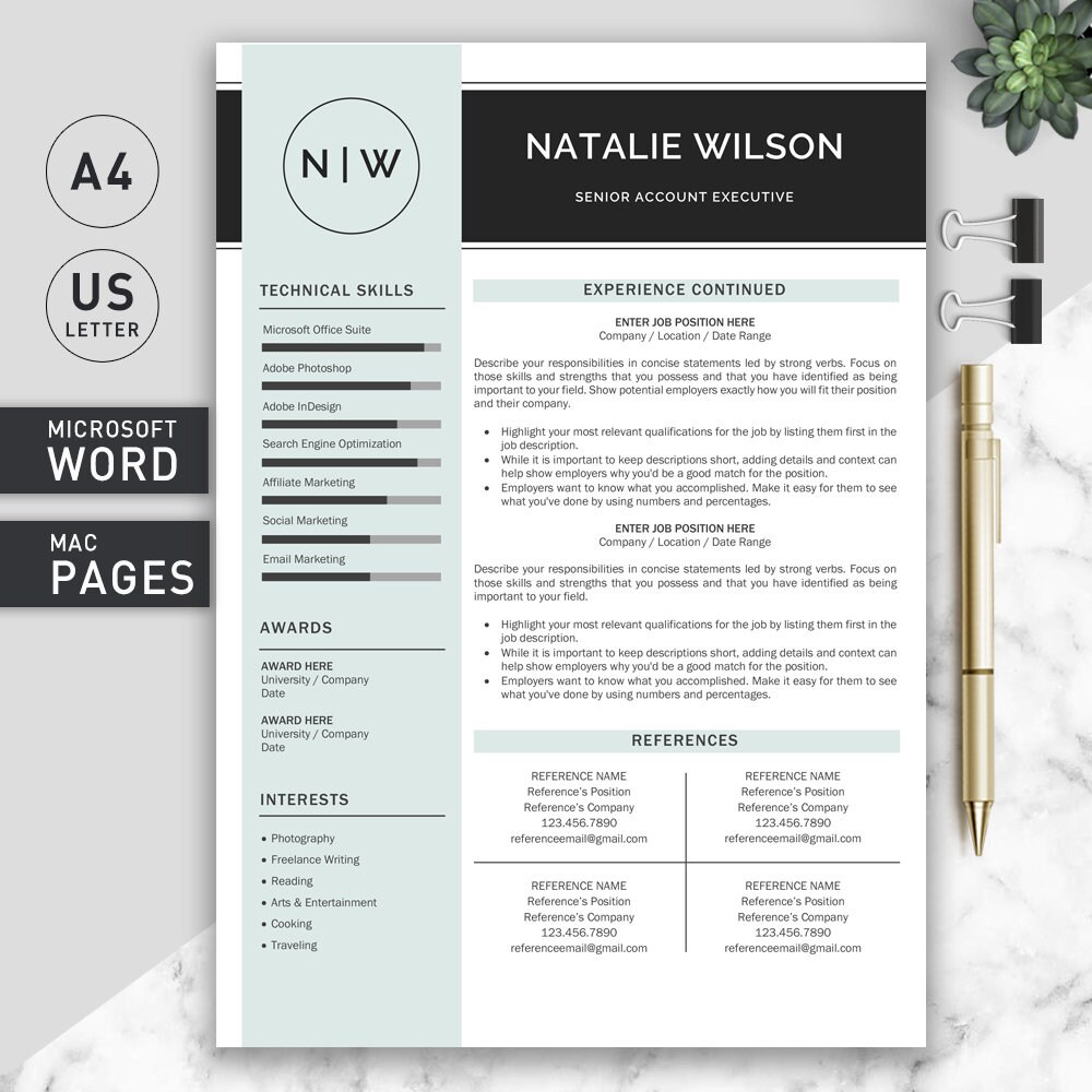 Professional and Modern Resume Template for Word and Pages | CV ...