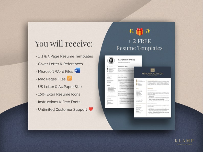 May include: A promotional image for resume templates. The image includes two resume examples, a list of included items such as templates, cover letters, and Microsoft Word files, and the text "+ 2 FREE Resume Templates."