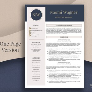 May include: A navy blue and beige resume template with the name Naomi Wagner and the title Marketing Manager. The resume includes sections for contact information, education, expertise, and experience. A gold pen rests on the right side.