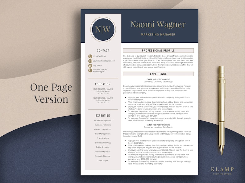May include: A navy blue and beige resume template with the name Naomi Wagner and the title Marketing Manager. The resume includes sections for contact information, education, expertise, and experience. A gold pen rests on the right side.