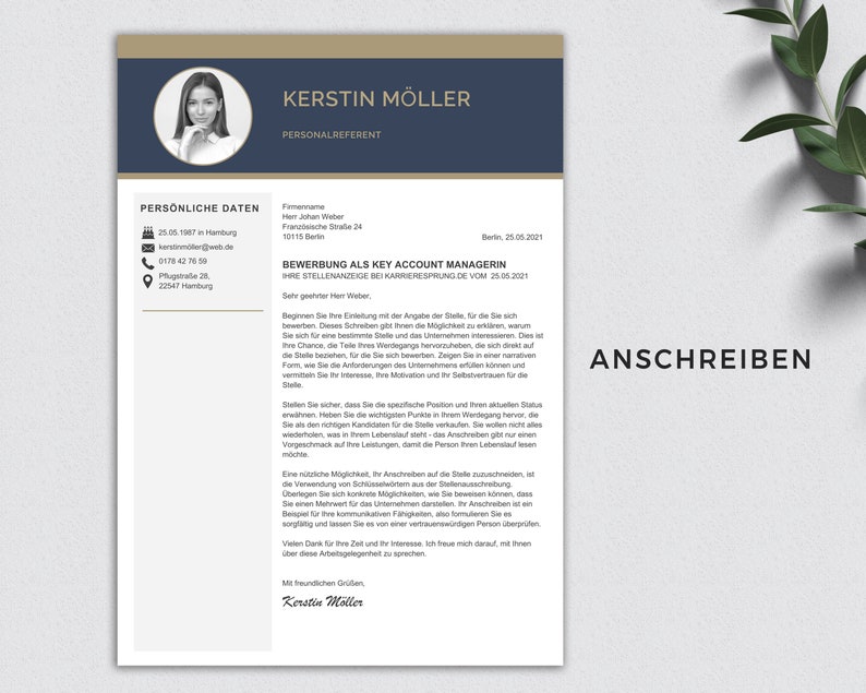 May include: A formal cover letter for a Key Account Manager position. The letter is written in German and includes the applicant's name, contact information, and a brief introduction.