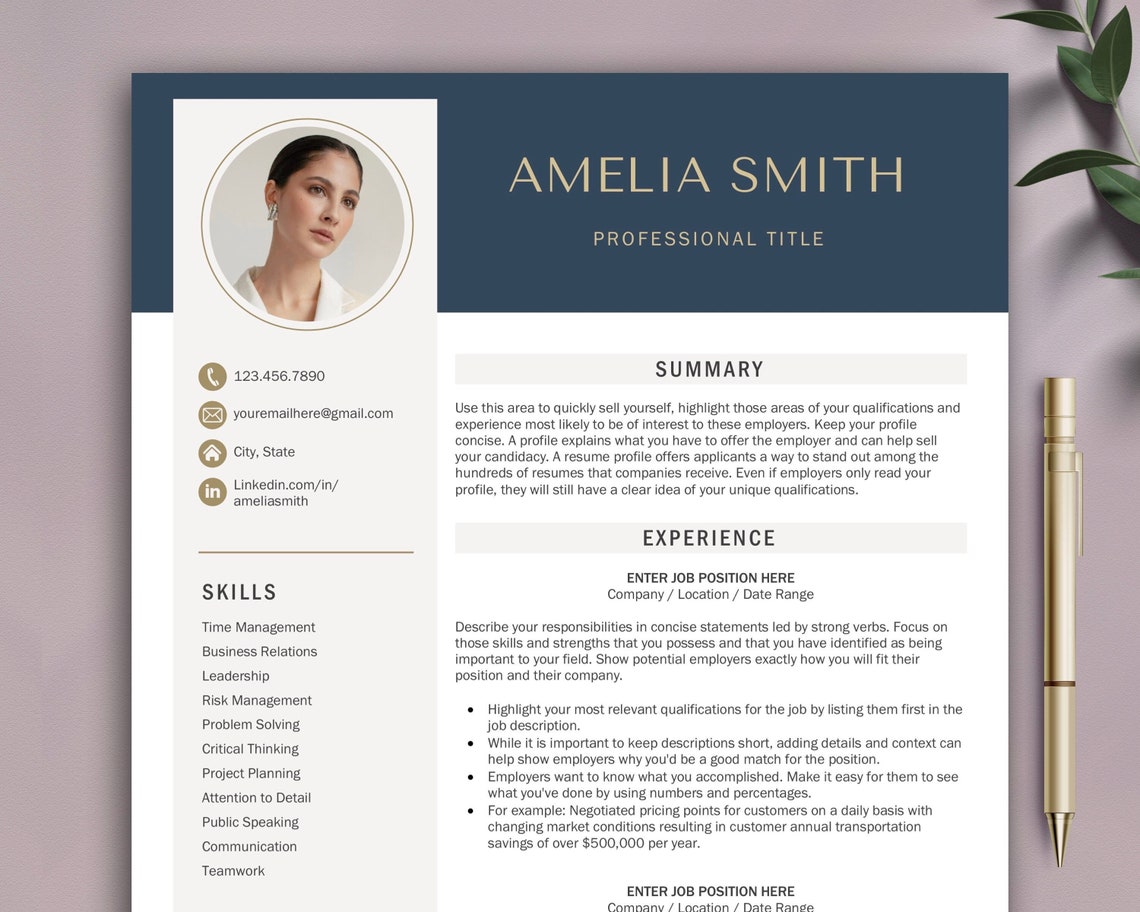 Blue Resume Template With Photo, Modern Resume Template for Word and ...