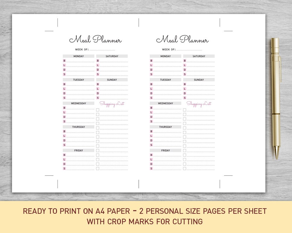 Personal Size Meal Planner Printable, Weekly Meal Planner, Menu Planner ...