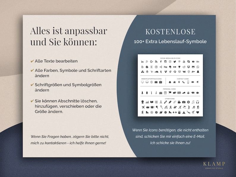 May include: A digital graphic with text in German, offering customizable resume icons. The design features a cream background with a dark teal overlay. Text includes "Alles ist anpassbar" and "KOSTENLOSE 100+ Extra Lebenslauf-Symbole". A grid of icons is displayed.