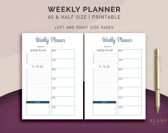 A5 Weekly Planner Printable, Weekly Planner Inserts, Weekly Organizer, Half Size Weekly Planner, Week Planner Page, Weekly To Do List