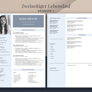 May include: A two-page CV template, titled "Zweiseitiger Lebenslauf Version 1", featuring a woman's photo. Sections include personal details, work history, education, skills, and interests. The design is clean with a blue and white colour scheme. Measurements are in cm.