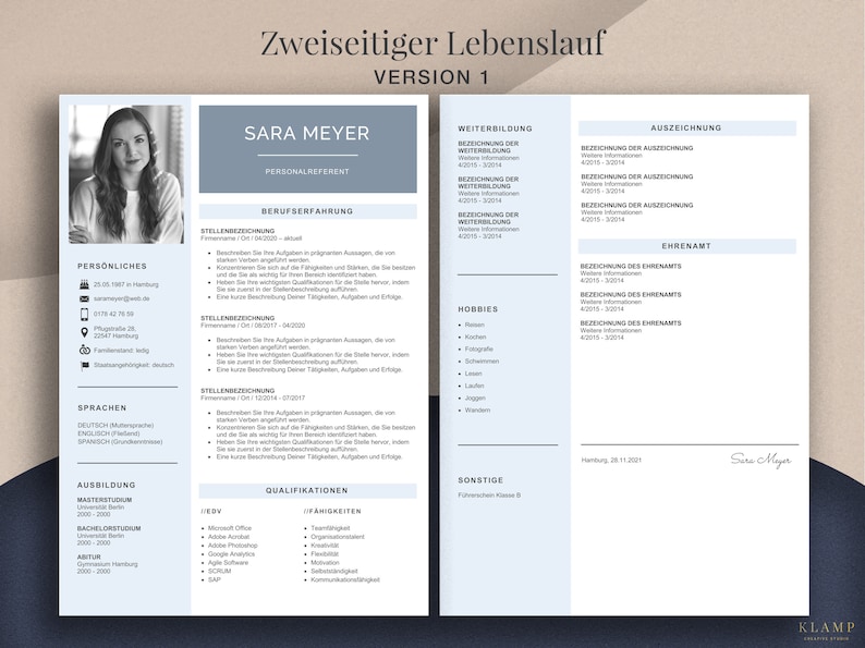 May include: A two-page CV template, titled "Zweiseitiger Lebenslauf Version 1", featuring a woman's photo. Sections include personal details, work history, education, skills, and interests. The design is clean with a blue and white colour scheme. Measurements are in cm.