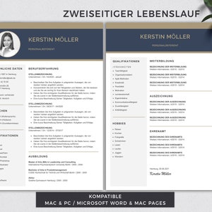 May include: A two-page CV template in a dark blue and gold colour scheme. The CV is for a person named Kerstin Moller, who is a Personalreferent. The CV includes sections for personal data, work experience, education, qualifications, skills, hobbies, volunteer work, and further education. The CV is compatible with Mac and PC, Microsoft Word, and Mac Pages.