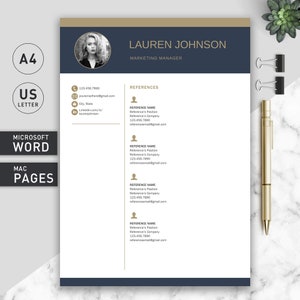 May include: A professional resume template featuring a dark blue header with gold accents, a circular profile photo, and the name Lauren Johnson. The document includes sections for contact information and references, with text labels for Microsoft Word and Mac Pages.