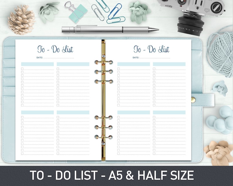 May include: A printable to-do list planner in A5 and half size. The planner has two pages with a blue header that says "To-Do List" and a space for the date. Each page has a grid of checkboxes and lines for writing tasks.