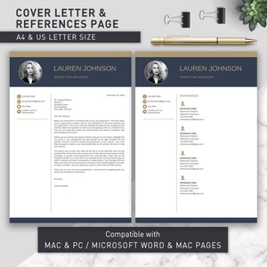 May include: A digital cover letter and references page template set in navy blue and gold. The documents feature a circular headshot placeholder, contact icons, and text fields for Lauren Johnson, Marketing Manager, in A4 and US Letter size.