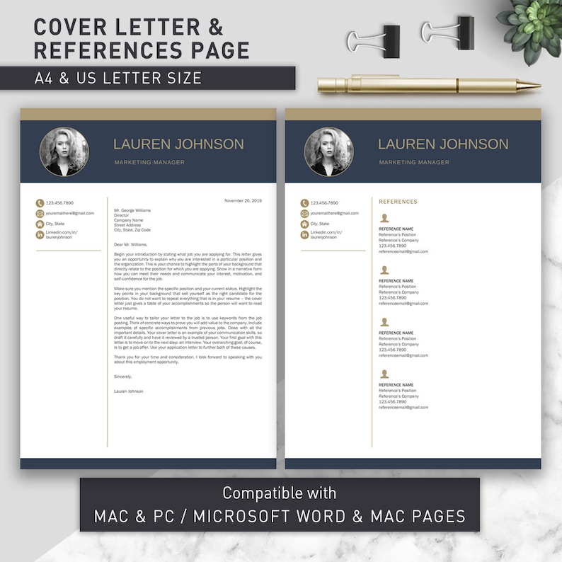 May include: A digital cover letter and references page template set in navy blue and gold. The documents feature a circular headshot placeholder, contact icons, and text fields for Lauren Johnson, Marketing Manager, in A4 and US Letter size.
