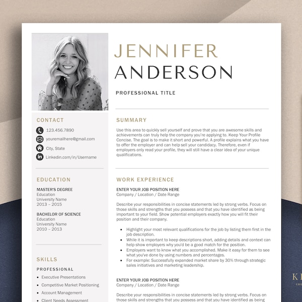 Professional Resume Template with Photo for Word & Pages 2024 + 2 Free Resume Templates, Cover Letters, Icons | Business Resume CV Template