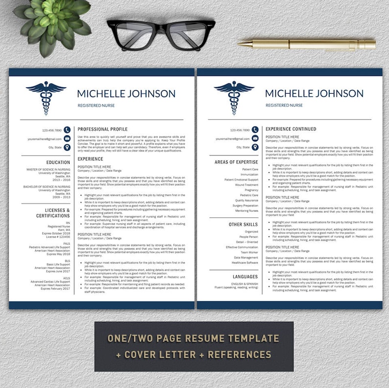 May include: A two-page resume template for a registered nurse. The template includes sections for professional profile, education, experience, licenses and certifications, areas of expertise, other skills, and languages. The template features a blue and white color scheme with a medical symbol.