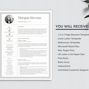 May include: A black and white resume template with gold accents. The template includes a summary, work experience, education, and skills sections. The text "YOU WILL RECEIVE:" is listed with a bullet point list of items included in the template package.