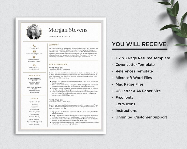 May include: A black and white resume template with gold accents. The template includes a summary, work experience, education, and skills sections. The text "YOU WILL RECEIVE:" is listed with a bullet point list of items included in the template package.