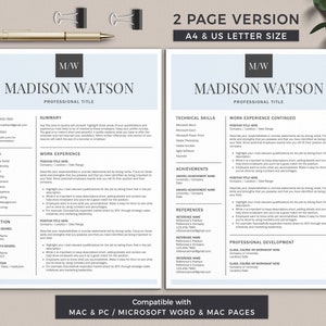 K&ouml;nnte beinhalten: Eine zweiseitige Lebenslaufvorlage in einem hellblauen Farbschema mit dem Text "M/W" und "MADISON WATSON" oben auf jeder Seite. Die Vorlage enth&auml;lt Abschnitte f&uuml;r Zusammenfassung, F&auml;higkeiten, Berufserfahrung, Ausbildung, Zertifizierungen, technische F&auml;higkeiten, Leistungen, Referenzen und berufliche Entwicklung.