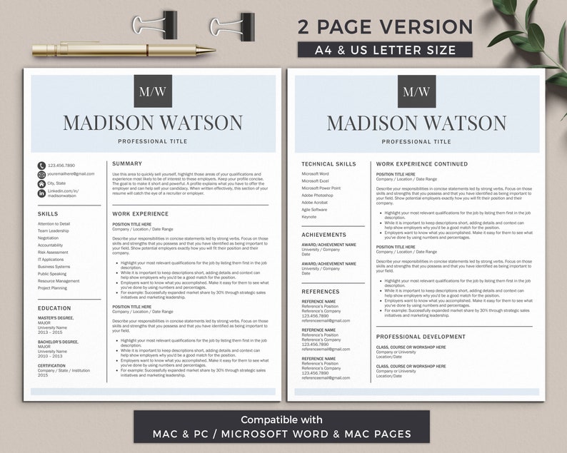 K&ouml;nnte beinhalten: Eine zweiseitige Lebenslaufvorlage in einem hellblauen Farbschema mit dem Text "M/W" und "MADISON WATSON" oben auf jeder Seite. Die Vorlage enth&auml;lt Abschnitte f&uuml;r Zusammenfassung, F&auml;higkeiten, Berufserfahrung, Ausbildung, Zertifizierungen, technische F&auml;higkeiten, Leistungen, Referenzen und berufliche Entwicklung.