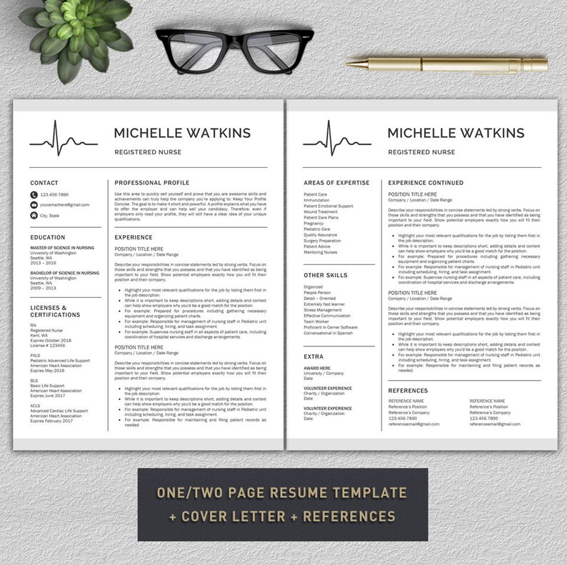 May include: A black and white resume template for a registered nurse. The template includes sections for contact information, education, licenses and certifications, experience, areas of expertise, other skills, extra, volunteer experience, and references. The template also includes a professional profile section and a section for experience continued.