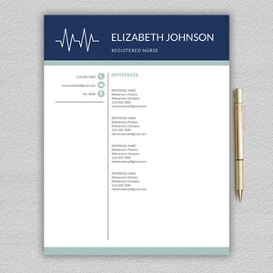 May include: A blue and white resume template with a stylized heartbeat graphic and the text "ELIZABETH JOHNSON REGISTERED NURSE". The template includes contact information, a section for references, and a section for work experience.