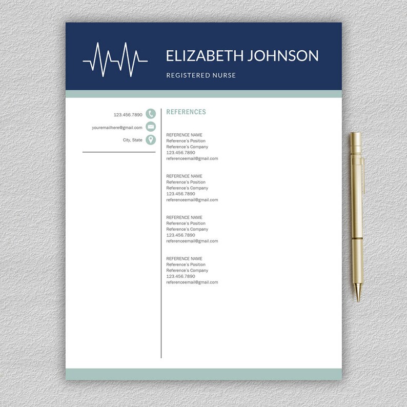 May include: A blue and white resume template with a stylized heartbeat graphic and the text "ELIZABETH JOHNSON REGISTERED NURSE". The template includes contact information, a section for references, and a section for work experience.