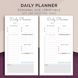 May include: Printable daily planner with two pages, each with sections for top priorities, meals, to-do list, important times, today's goals, workout, and notes. The planner has a pink and grey colour scheme.