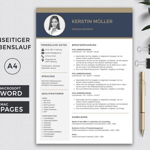 May include: A blue and gold CV template featuring a woman's headshot in the top left corner. The text "Kerstin M&ouml;ller" is in a large font at the top of the page. The CV includes sections for personal information, work experience, education, and skills.