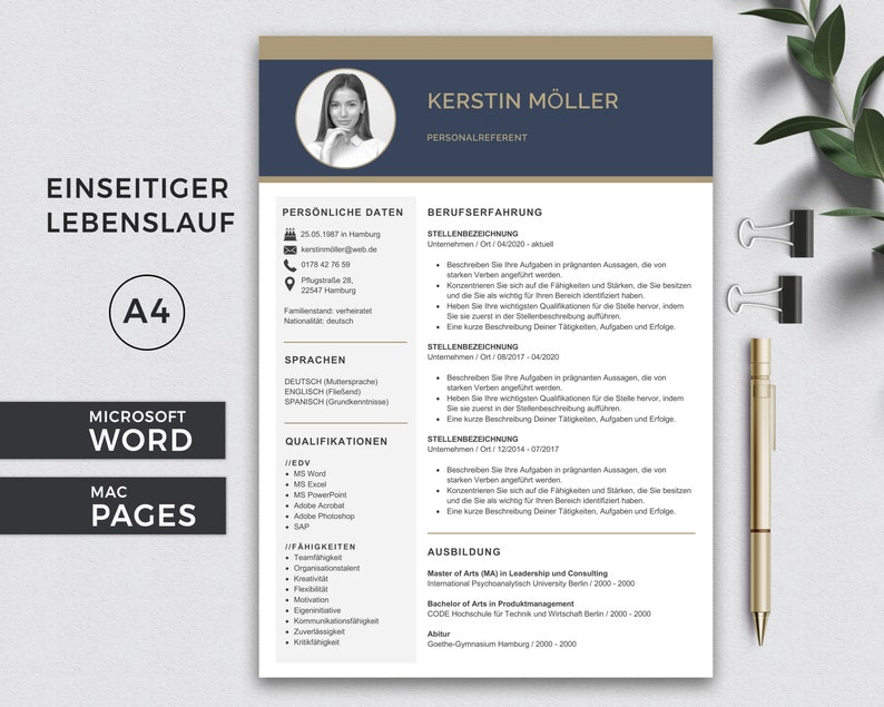 May include: A blue and gold CV template featuring a woman's headshot in the top left corner. The text "Kerstin M&ouml;ller" is in a large font at the top of the page. The CV includes sections for personal information, work experience, education, and skills.