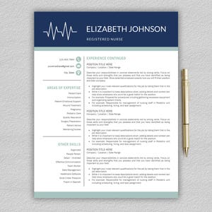 May include: A resume template for a registered nurse with a blue and white color scheme. The resume includes sections for experience, areas of expertise, and other skills. The text "ELIZABETH JOHNSON" is at the top of the resume.
